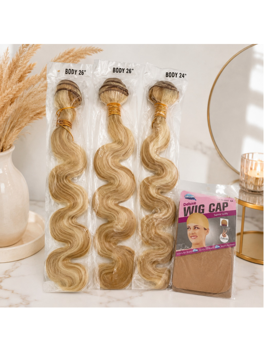 3 Bundles 24"/26" Blonde Body Wave Synthetic Hair Weave + Wig Cap Set